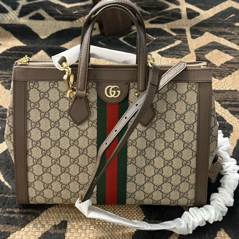 Gucci Ophidia GG tote Beige and Brown Satchel with Red and Green Stripe